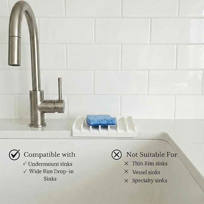 Effilogic Silicone Sponge Holder – Self-Draining Kitchen Sink Organizer, Quick Dry Mat and Counter Protector – Dishwashing Accessories for Sponges, Brushes, and Soap - Medium White