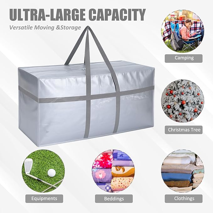 4 Pcs 96 Gallon Extra Large Moving Bags Heavy Duty Storage Bag with Strong Zipper Handle Foldable XXL Jumbo Storage Tote Packing Moving Box for College Dorm Travel Cloth Duffle (Silver)