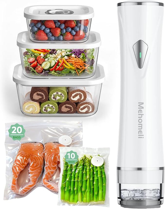Compact Vacuum Sealer for Food (Vacuum Sealer Machine+3 Glass Vacuum Containers+30 Reusable Vacuum Bags),Powerful Handheld Vacuum Seal Machine,Seal Meal Saver,Portable Food Sealer,Easy-Clean