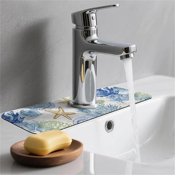 Kitchen Sink Splash Guard，Colored coral starfish Faucet Mat Sink Gadgets-Super Absorbent Fast Drying Mat Drip Catcher for Kitchen, Bathroom,Sink Mat, Dish Drying Mat, Bathroom(15" X 5.5" )