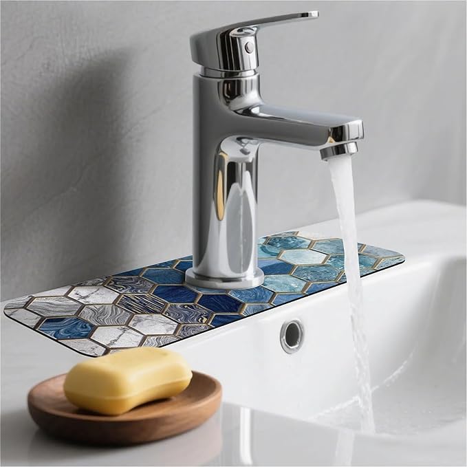 Kitchen Sink Splash Guard，Hexagonal tiles Faucet Mat Sink Gadgets-Super Absorbent Fast Drying Mat Drip Catcher for Kitchen, Bathroom,Sink Mat, Dish Drying Mat, Bathroom(15" X 5.5" )
