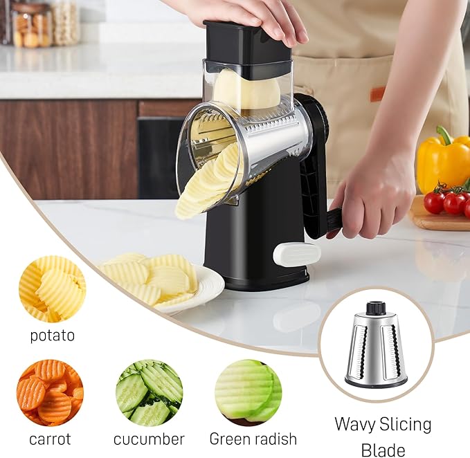 Weltonhm Rotary Cheese Graters with 4 Blades, Hand Crank Cheese Grater with Waffle Slicer, Red, Black and White Cheese Shredder with Suction Base, Easier for Shredding & Grating (Black, 4 Graters)