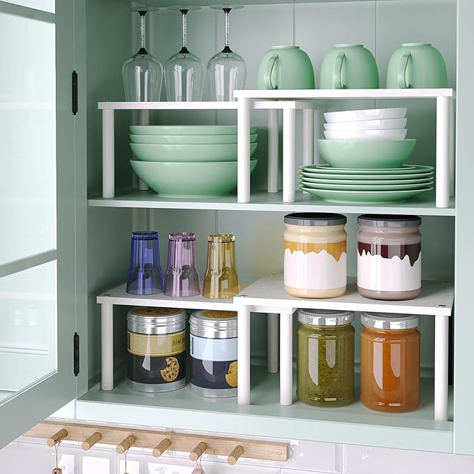 VERTORGAN Cabinet Organizer Shelf(Set of 2),Kitchen Counter Shelves,Bamboo Spice Rack Countertop and Cabinet,Stackable Expandable,Medium,(White)