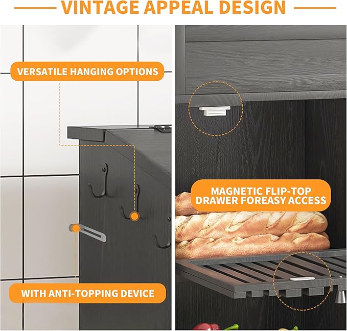 Onion and Potato Storage Bin Box, Farmhouse Fruit and Vegetable Storage, Small Food Kitchen Pantry Cabinet for Snack, Large Bread Box for Homemade Bread, Black Potato Bins