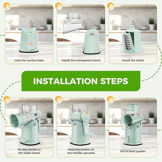 YSEPOZ 7 IN 1 Upgraded Rotary Cheese Grater with Handle – Vegetable Shredder with Built-in Storage Blade Slot, 5 Versatile Blades, Strong Suction Base Round Mandoline Slicer, Food Chopper for Kitchen