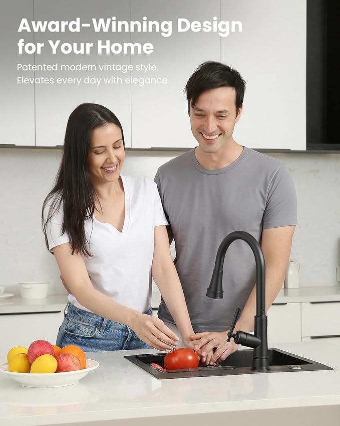 APPASO Black Kitchen Faucet with Pull Down Sprayer, Patented Design Single Handle High Arc Single Hole Pull Out Kitchen Sink Faucets, cUPC-Certified Pull-Out Hose, Water Supply Tubing & Valve Core