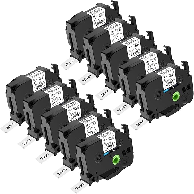 NineLeaf 10PK 18mm Label Tape Compatible for Brother P-Touch TZe-241 18mm 0.7'' Laminated White TZe241 TZ-241 3/4'' Black on White TZe TZ Tape for Ptouch Label Maker PT-D400 D410 D460BT D600 D610BT