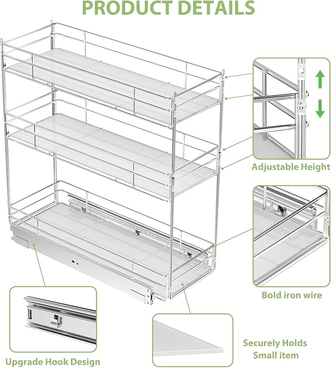 Pull Out Spice Rack Cabinet Organizer (8" W X 20½" D),3 Tier Slide Out Drawer for Narrow Cabinet, Pull Out Shelves Under Cabinet Storage for Kitchen