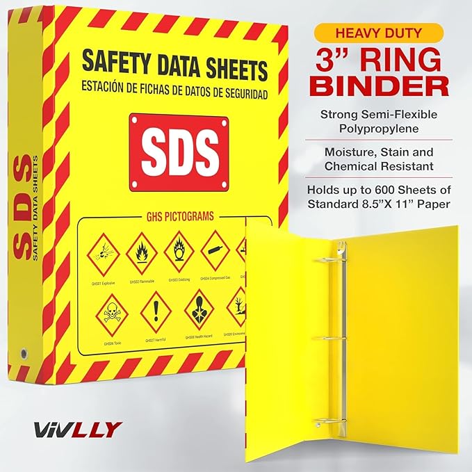 MSDS Wall Station - 3 Inch 3 Ring Material Safety Data Sheet Binder with SDS Wire Rack and Display Sign, Chain, Mounting Hardware, SDS Poster, MSDS Labels - Heavy Duty OSHA Yellow Binder (pack of 10)