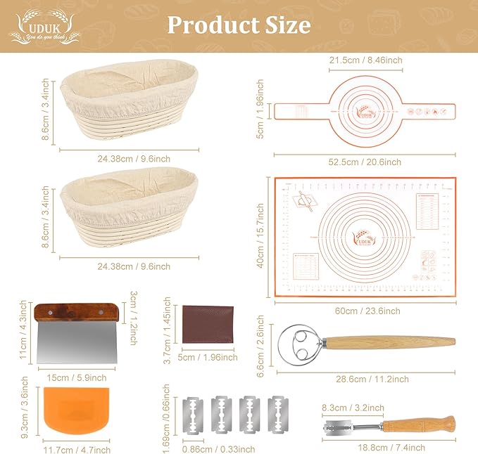 UDUK Sourdough Starter Kit - Bread Proofing Basket Set with 9.6" Oval Banneton Baskets x2, Silicone Bread Sling Baking Mat, Whisk Cutter Scraper Lame - Ideal Sourdough Bread Baking Supplies