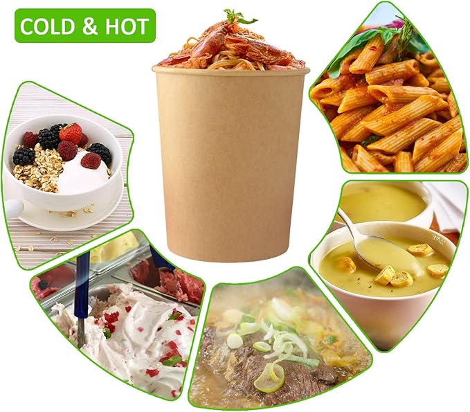 Belinlen 30 Sets 32 oz Paper Ice Cream Cups with Lids, Paper Food Containers With Vented Lids, To Go Hot Soup Bowls For Restaurants, Take Outs, or To-Go Lunch, Kraft