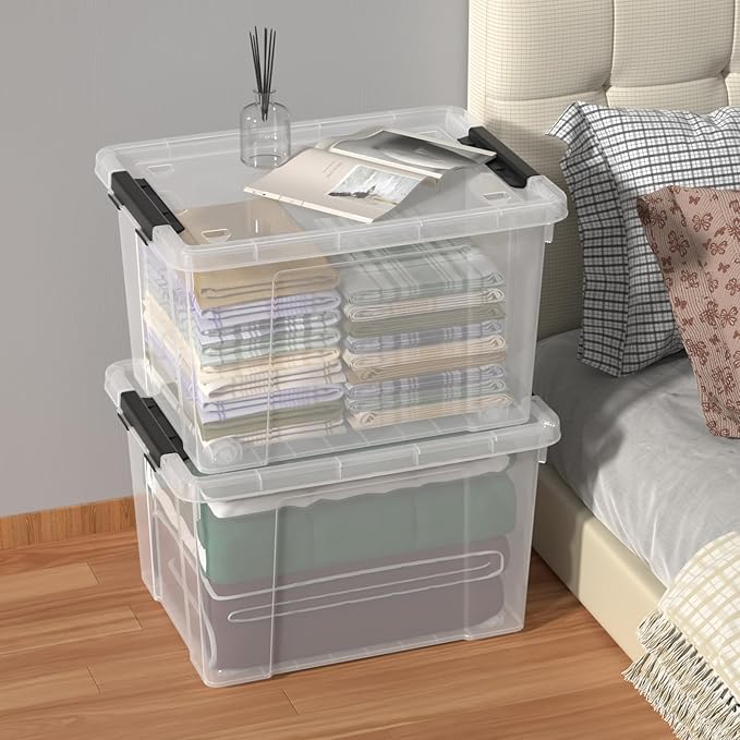 50 Quart Clear Latching Storage Box Bins, 4 Packs, Large Plastic Storage Boxes with Wheels