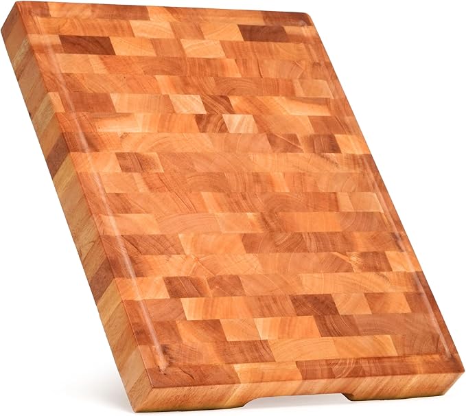 SHUMARU Mahogany End-Grain Wood Cutting Board – 16.5x12.6x1.6" Butcher Block | Handmade in Bali - Silky-Smooth, Juice Groove, Knife‑Friendly, Ergonomic Grips & Non‑Slip Feet