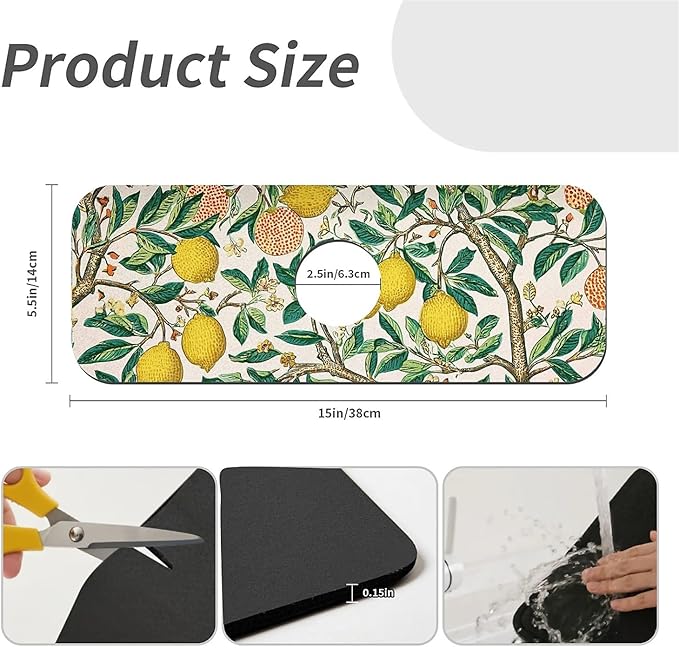 Kitchen Sink Splash Guard，Lemon-tree Faucet Mat Sink Gadgets-Super Absorbent Fast Drying Mat Drip Catcher for Kitchen, Bathroom,Sink Mat, Dish Drying Mat, Bathroom(15" X 5.5" )