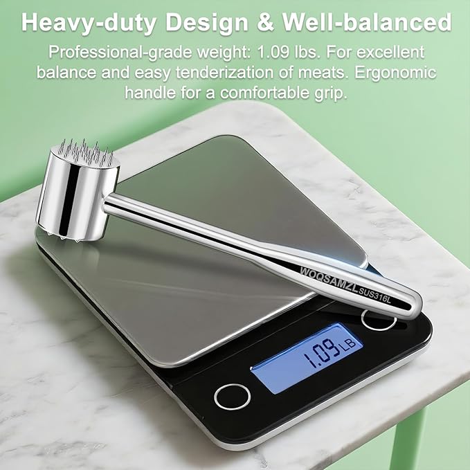 Real 316L Stainless Steel Meat Tenderizer Mallet Hammer,2-in-1 Professional Meat Tenderizer tool,Sharp Spikes for more Flavor,Commercial Grade Kitchen Mallet Pounder,Heavy Duty 1.09lb,Dishwasher Safe