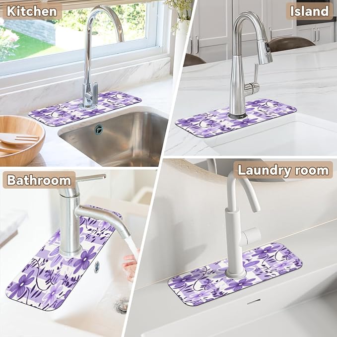 Purple Floral Stripe Kitchen Faucet Mat Splash Guard, 15.4”x5.7” Absorbent Quick Drying Sink Mat for Countertop Protection, Draining Mat Sink Protectors For Kitchen Bathroom, 1 Pack
