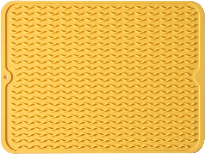Silicone Dish Drying Mat for Multiple Usage,Easy clean,Eco-friendly,Heat-resistant Silicone Mat for Kitchen Counter or Sink,Refrigerator or drawer liner Yellow L 16 inches x 12 inches