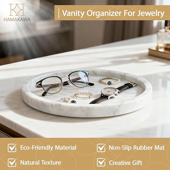 HAMAKAWA Natural Marble Bathroom Vanity Tray, Large Round Sink Tray 9.5 inch, Carrara White Limestone Dresser Tray, Modern Countertop Organizer for Soap Dispenser, Kitchen Counter, Home Decor