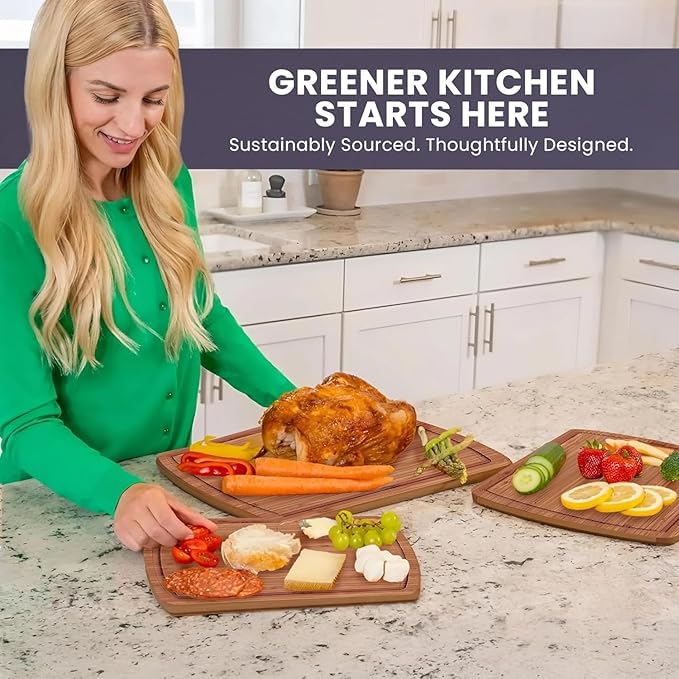 Organic Bamboo Cutting Board Set with Lifetime Replacements - 3pc Non Toxic Wood Chopping Board for Charcuterie, Meat, Vegetables and Fruits - Ideal Kitchen Gifts for Home Chefs
