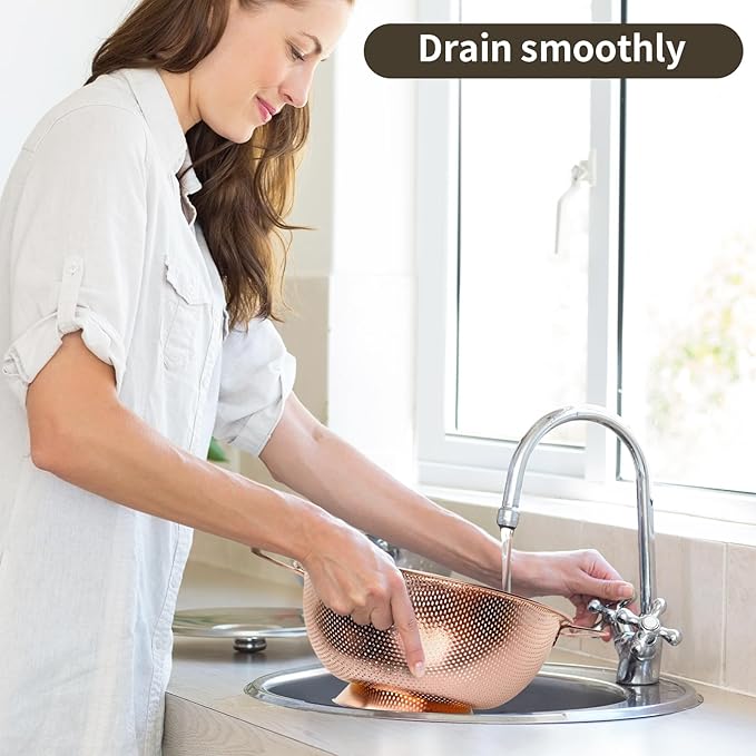 BLAGAIN Colander 3-Quart with Handle, Food Metal Strainer for Kitchen Sink, Pasta Pot for Noodles Vegetables and Fruits, Stainless Steel, Rose Gold