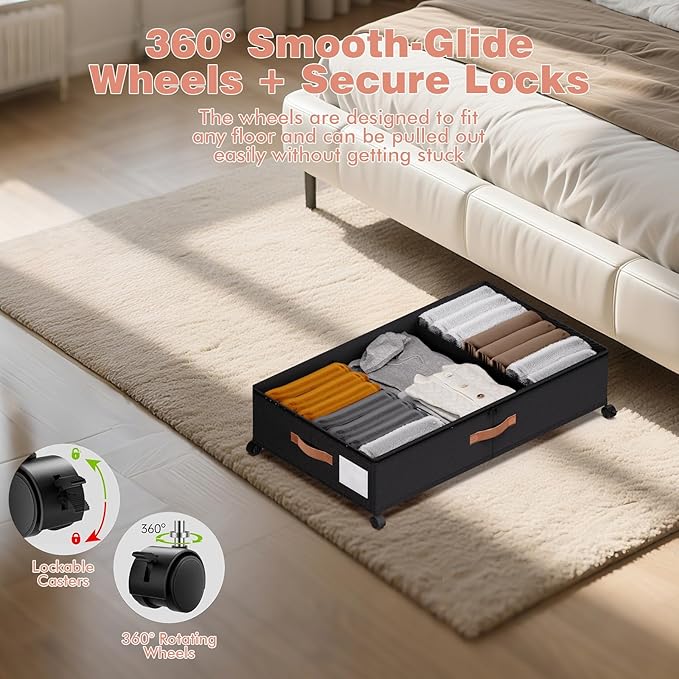 Under Bed Storage with Wheels - Rolling Underbed Containers with PVC Clear Lid & Dividers, 600D Oxford Fabric, PU Leather Handles, Adjustable Magic Tape Partition, XXL 66L, 1P (Black)