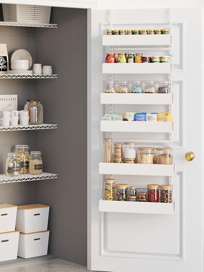 Over The Door Pantry Organizer, 6-Tier Pantry Organization and Storage, Hanging Spice Rack, Pantry Door Organization for Home Office Laundry Room Bathroom, White