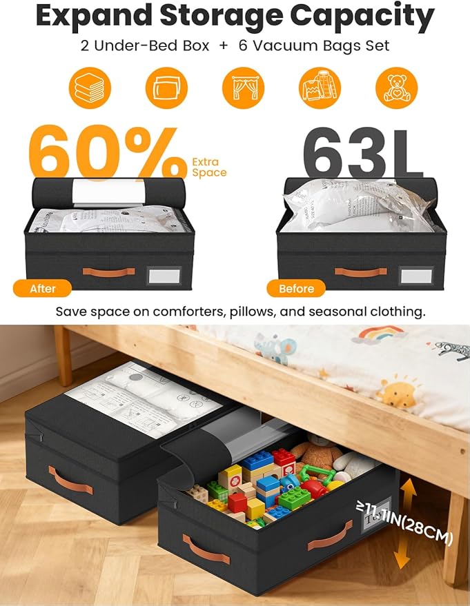 TOSKING Under Bed Storage with Wheels (2 Pack), Adjustable Height 7.9"-10.2", 6 Vacuum Bags, Expandable Rolling Underbed Bins, 600D Oxford Fabric, Drawer Organizer for Clothes, Shoes, Toys, Black