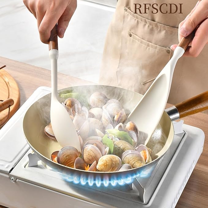 RFSCDI White Silicone Cooking Utensils Set, Kitchen Utensils Set 7 Pcs for cooking, Non-Toxic Spatula Set with Heat Resistant Wood Handles for Nonstick Cookware, (Cream White)