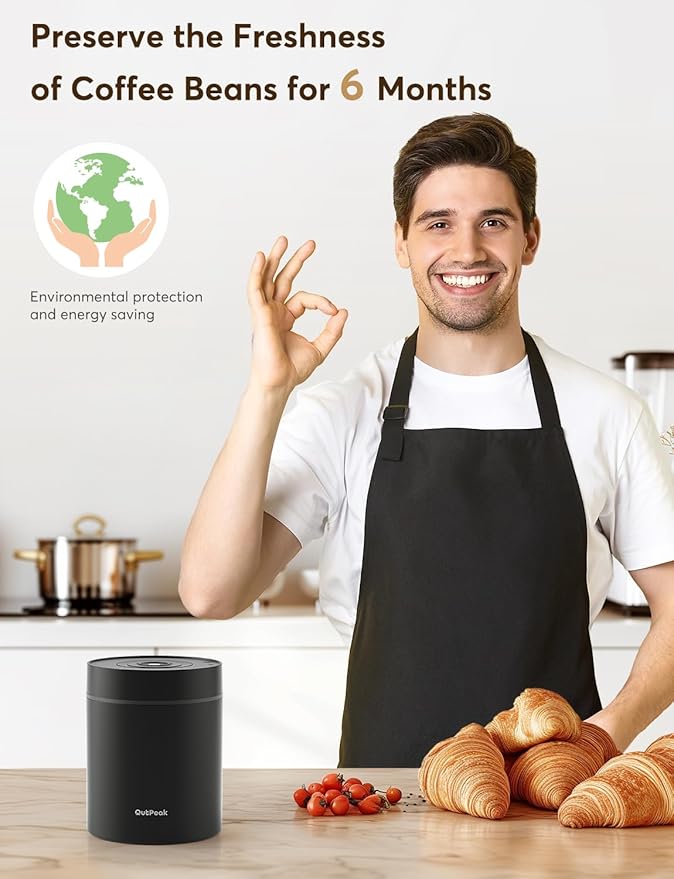OUTPEAK Neo Latest Kilo Auto Vacuum Coffee Canister, 1.5L Capacity for 17.6oz of Coffee Beans, One-Button Operation, Stainless Steel Coffee Storage Container with Scoop (Barista Champion's Choice)