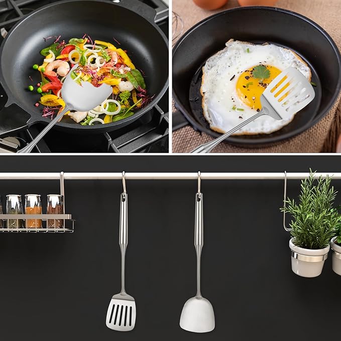 2pcs Metal Kitchen Utensils Set 18/10 Stainless Steel Utensils Set for Cooking, Heat Resistant Wok Tools Set for Chef