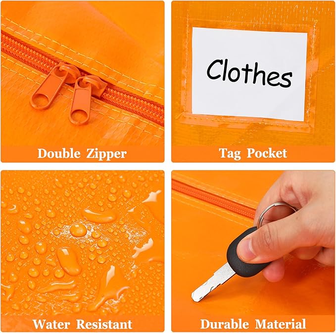 4 Pcs 24 Gallon Extra Large Moving Bags Heavy Duty Storage Bag with Strong Zipper Handle Foldable XXL Jumbo Storage Tote Packing Moving Box for College Dorm Travel Cloth Duffle (Jelly Orange)