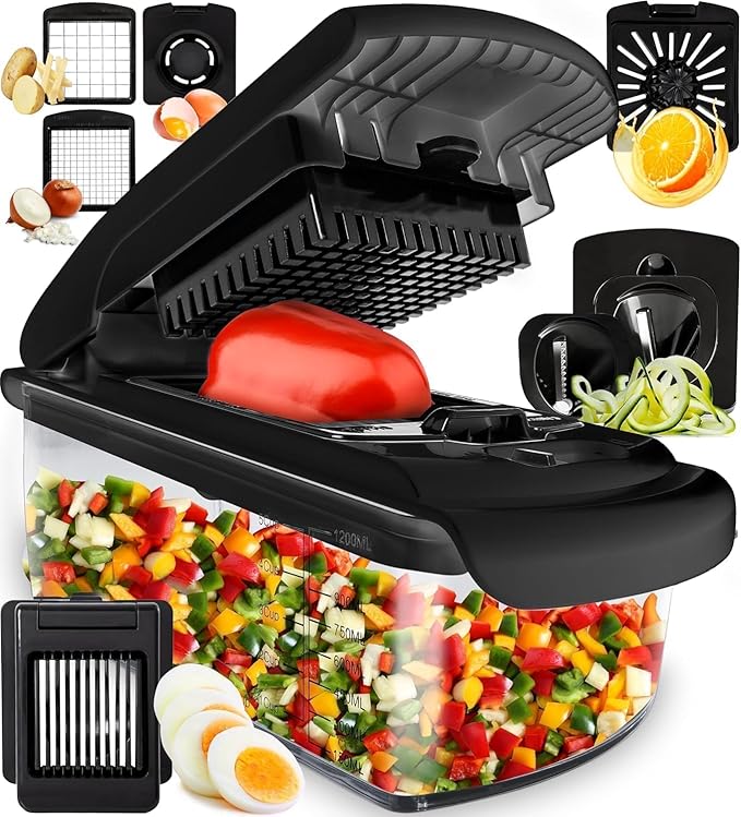 Fullstar The Original Pro Chopper - Vegetable Chopper and Spiralizer, Food Chopper with Container, Fruit Slicer, Kitchen Gadgets & Gifts, Home Essentials (7 in 1, Black)