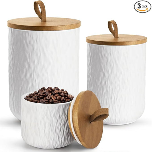 Canisters Set for Kitchen Food Storag of 3 Piece, Airtight Kitchen Canisters for Countertop, Modern Ceramic Jar with Top Handle & Wooden Lid for Coffee Tea Sugar Flour Cookie (White)