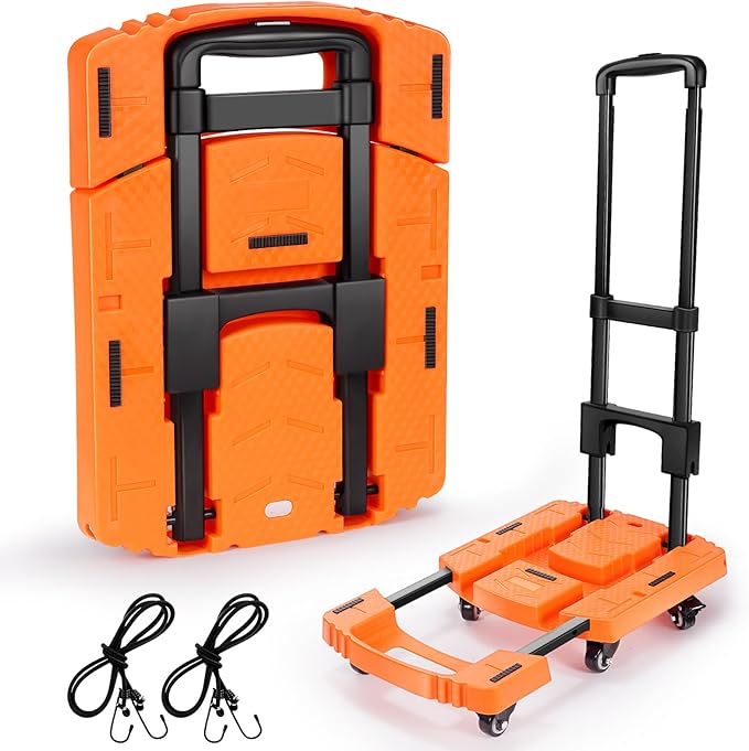 Folding Hand Truck500lbs, Portable Heavy Duty Dolly Cart, 6 Wheels Collapsible Luggage Cart with 2 Elastic Ropes - Compact Trolley Cart for Easy Moving - Ideal Hand Cart for Travel and More