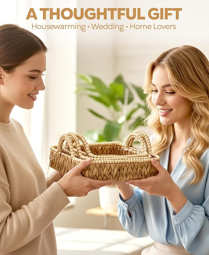 NAZOX Handwoven Water Hyacinth Storage Baskets for Toilet, Living Room, Nursery Organization - Natural Rectangular Set of 3 Versatile Nesting Baskets with Scalloped Edge Design & Handles