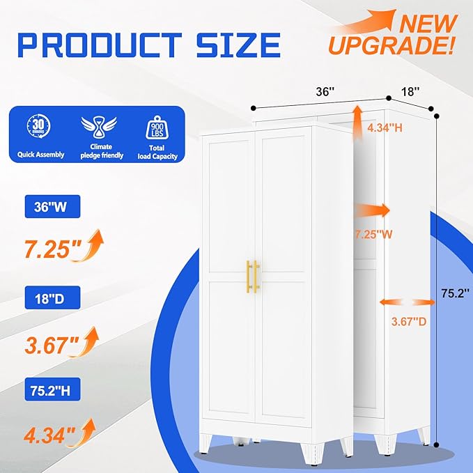 75.2" Tall Metal Storage Cabinet with 2 Doors and 5 Adjustable Shelves, New upgrade Kitchen Pantry Cabinet, White Freestanding Cupboard, 6 Tier Steel Storage for Office, Kitchen, Dining, Garage