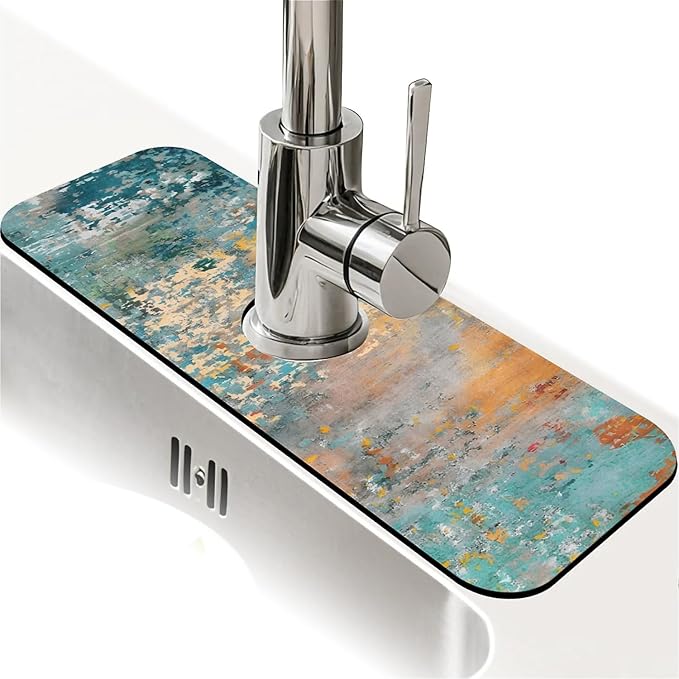 Kitchen Sink Splash Guard，Rainbow Retro Graffiti Faucet Mat Sink Gadgets-Super Absorbent Fast Drying Mat Drip Catcher for Kitchen, Bathroom,Sink Mat, Dish Drying Mat, Bathroom(15" X 5.5" )