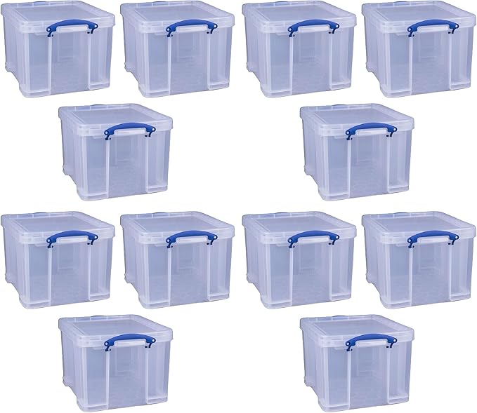Really Useful Box 32 Liters Storage Bin Container with Snap Lid and Clip Lock Handles for Lidded Home and Office Storage Organization, 12 Pack