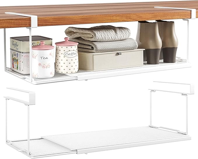 Expandable Under Cabinet Shelf, Extendable Under Shelf Storage with 1.25 Inches Thick Clips for Shoe Rack, Pantry Cabinet, Laundry Room. (White, 2 Pack, Interior: 6" H x 8.26" D)