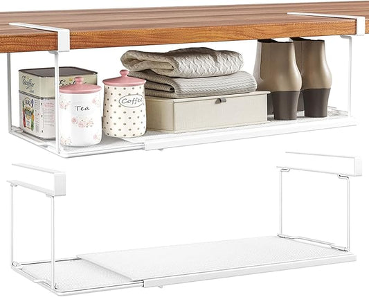 Expandable Under Cabinet Shelf, Extendable Under Shelf Storage with 1.25 Inches Thick Clips for Shoe Rack, Pantry Cabinet, Laundry Room. (White, 2 Pack, Interior: 6" H x 8.26" D)