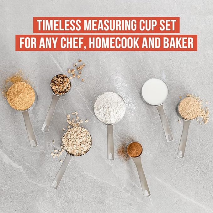 Chef Pomodoro Stainless Steel Measuring Cup Set, Nested and Stackable with 7 Pieces, Sturdy Extra-long Handles with Lasered Markings and Sorting Ring, Metal Kitchen Spoons for Wet and Dry Ingredients
