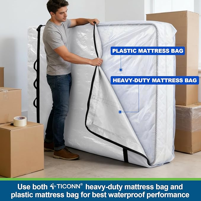 TICONN Mattress Bags for Moving, Heavy Duty King Mattress Cover Storage Bag with Full-Around Handle and Adjustable Buckles (Clear, King)