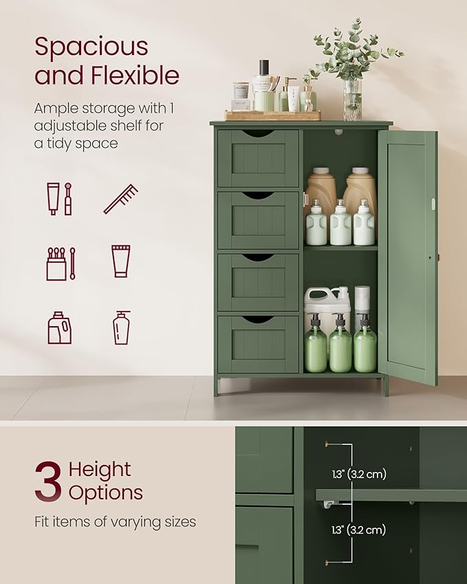VASAGLE Storage Cabinet with Drawers, Freestanding Floor Cabinet with Door, 11.8 x 21.7 x 32.3 Inches, Adjustable Shelf, for Bathroom, Living Room, Kitchen, Sage Green ULHC041CH01S