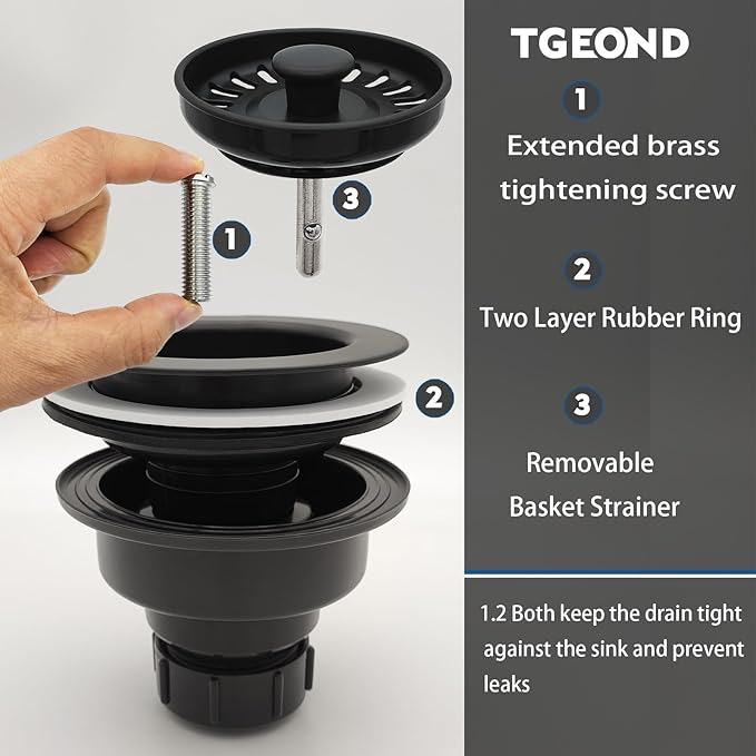 Black Kitchen Sink Drain Assembly, TGEOND 3-1/2 inch Polymer Kitchen Drain Strainer Kit with Removable Basket Strainers Stopper Matching for Granite/Fireclay Sinks