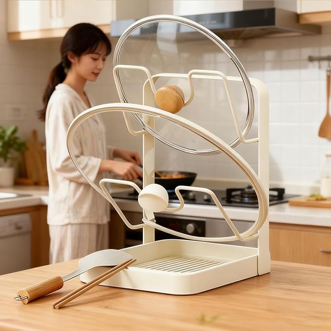 Pot Lid Holder with Spoon Rest, Kitchen Pot Lid Storage Rack with Removable Tray, Lid Holder While Cooking, Lid And Spoon Rest, Multifunctional Kitchen Organizer Stand for Countertop (Beige)
