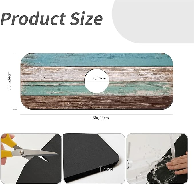 Kitchen Sink Splash Guard，Vintage wooden planks Faucet Mat Sink Gadgets-Super Absorbent Fast Drying Mat Drip Catcher for Kitchen, Bathroom,Sink Mat, Dish Drying Mat, Bathroom(15" X 5.5" )