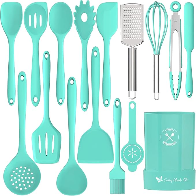 Silicone Kitchen Utensils Set, 16-Piece Silicone Cooking Utensils by Deedro, Heat Resistant Kitchen Tools Set with Holder, Nonstick Spatula Kitchen Gadgets for Cooking & Baking, Green