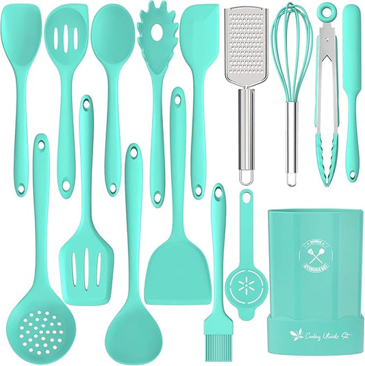 Silicone Kitchen Utensils Set, 16-Piece Silicone Cooking Utensils by Deedro, Heat Resistant Kitchen Tools Set with Holder, Nonstick Spatula Kitchen Gadgets for Cooking & Baking, Green