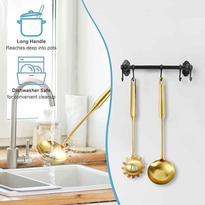 Gold Soup Ladle and Spaghetti Spoon Set - 18/10 Stainless Steel Soup Spoon，Pasta Strainer, 13.8" Kitchen Utensils for Cooking，Stirring, Serving Pasta, Soup & Sauce, Christmas Gifts