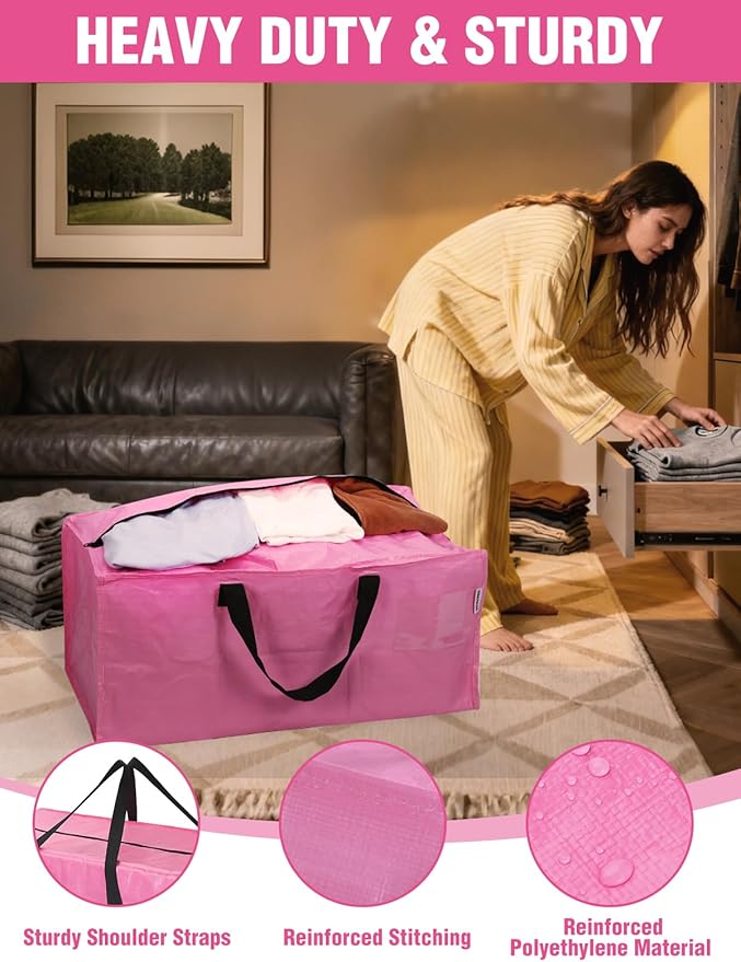 WORKPRO 4 Pack Extra Large Moving Bags with Zippers & Carrying Handles Backpack Straps, Heavy-Duty Storage Tote for Space Saving Moving Storage (Pink)
